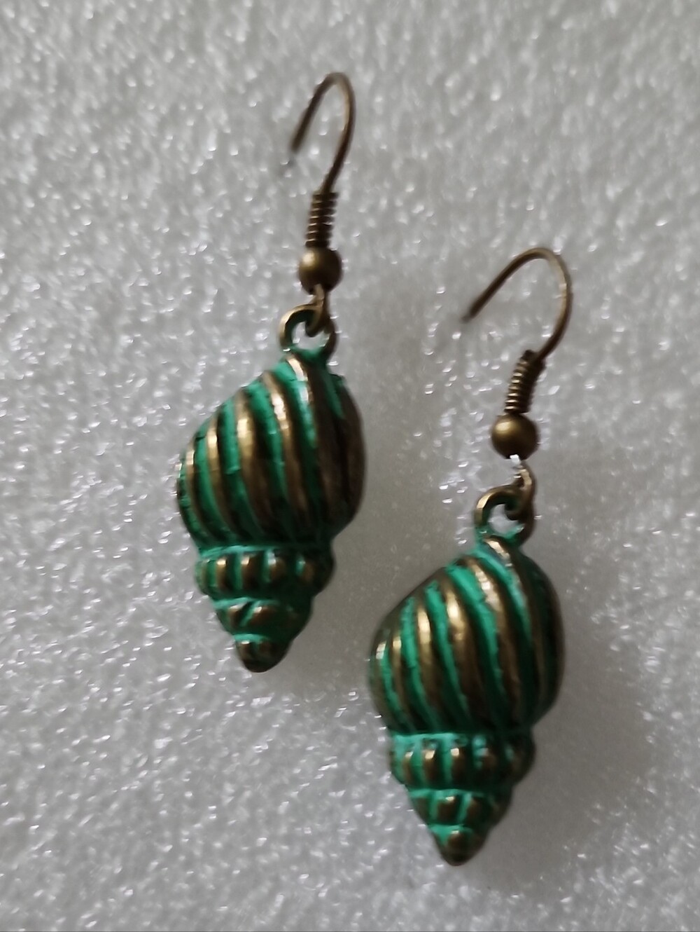 Hand Crafted Green and Golden Bronze Spiral Shell Earrings